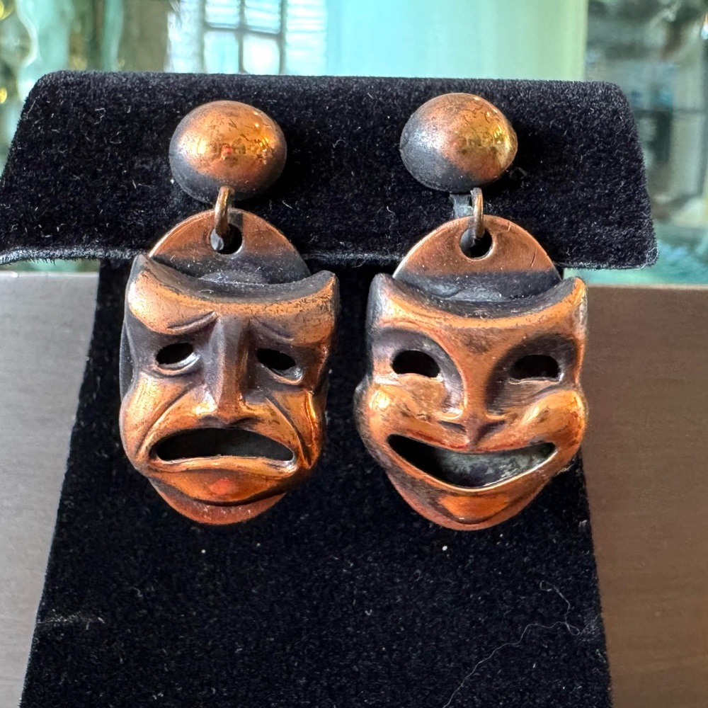 Vintage Copper Comedy and Tragedy Mask Earrings